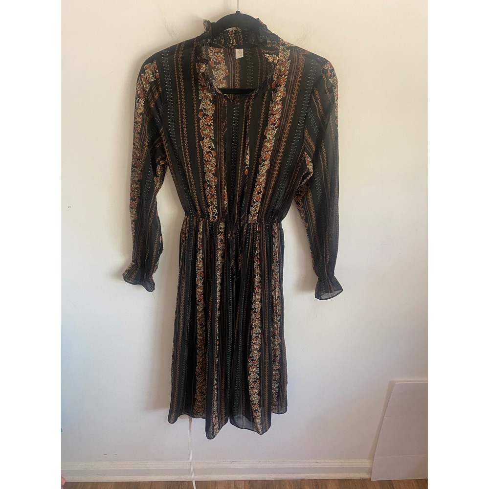 Women Black Floral Stripe Sheer Midi Dress Boho Ruffle Neck Long Sleeve